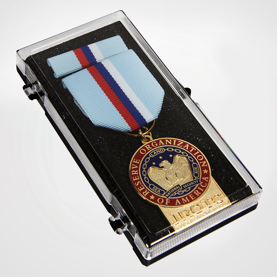 
            
                Load image into Gallery viewer, JROTC Medal award with Blue, Red and White Ribbon Attachment in box
            
        